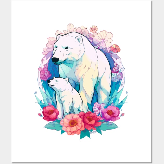 Polar Bear and Cub Floral Aesthetic Print Wall Art by Davies Creative Works